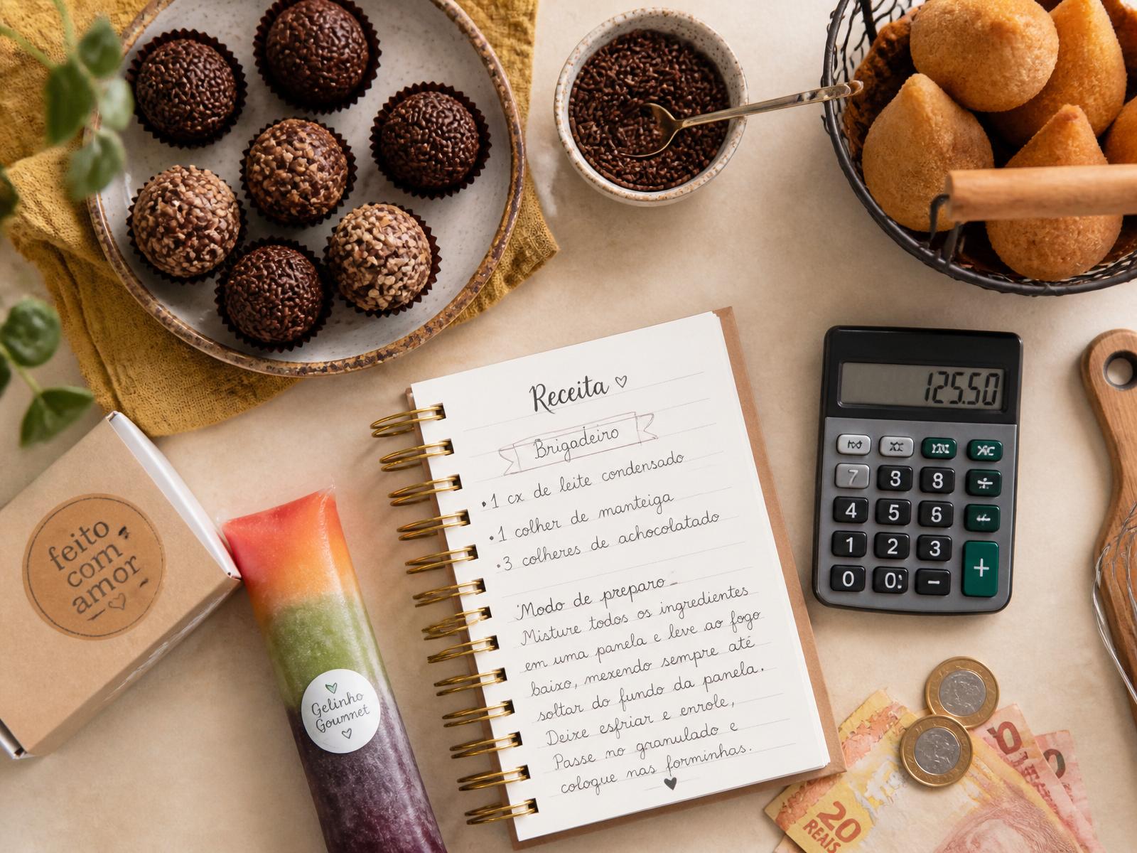 Bancada de confeitaria artesanal com brigadeiros, coxinhas, gelinho gourmet, caderno de receitas e calculadora